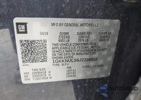 2018 GMC Acadia Slt-1 z USA, uszkodzony, nr VIN 1GKKNULS6JZ238953